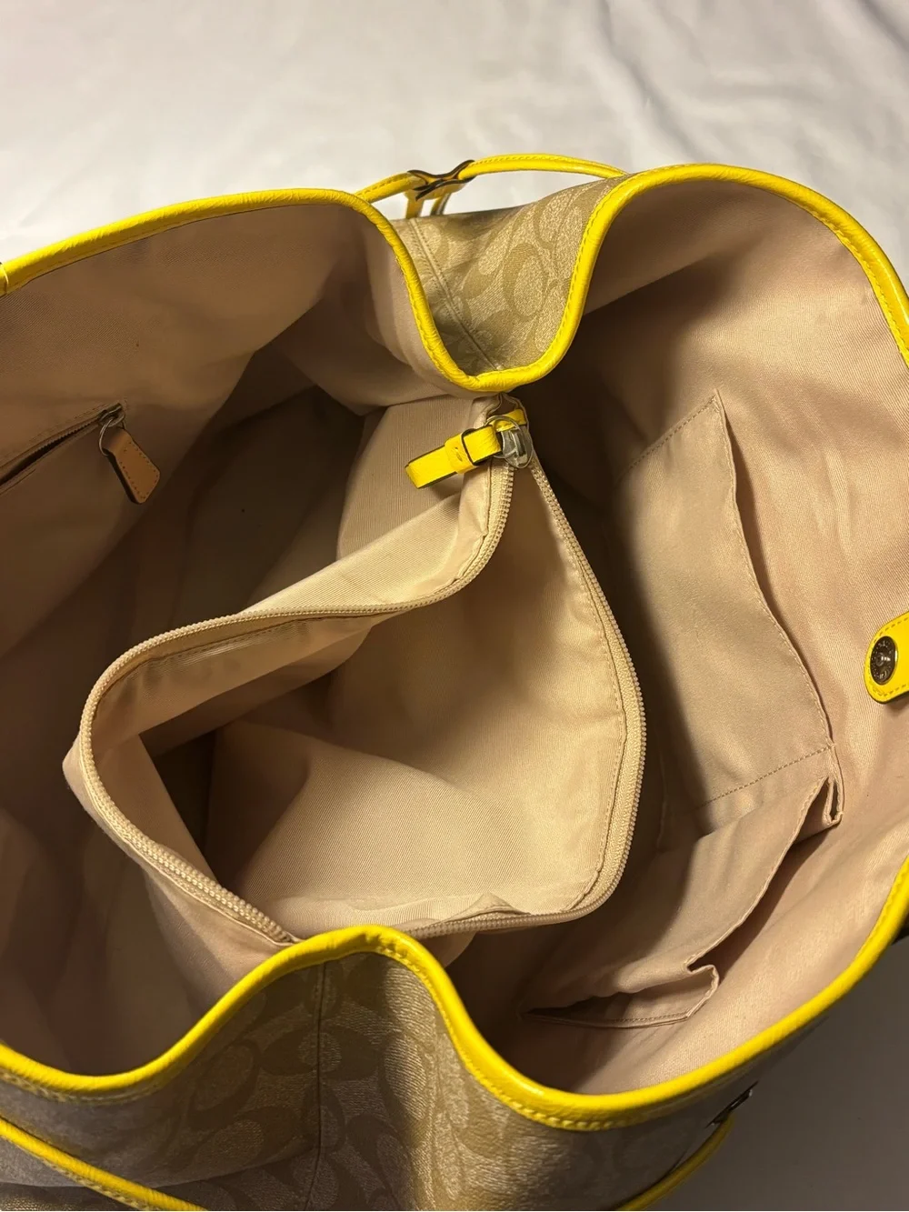 Coach Beige Signature Tote with Yellow Center Stripe. Used once!
